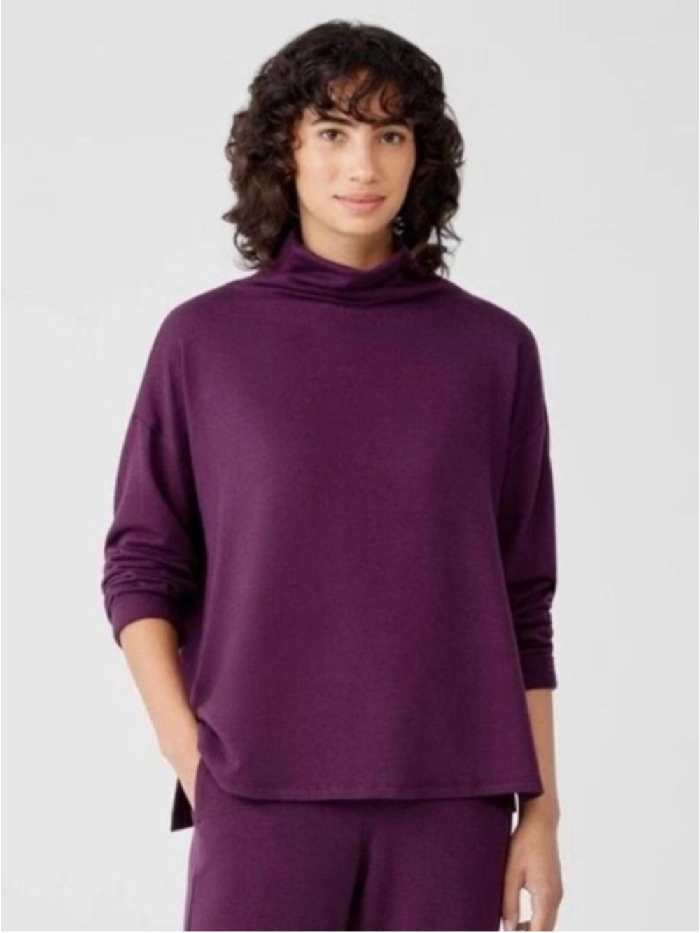 Eileen Fisher Plum Mock Neck Long Sleeve Top XL Organic Cotton TENCEL Lyocellnew